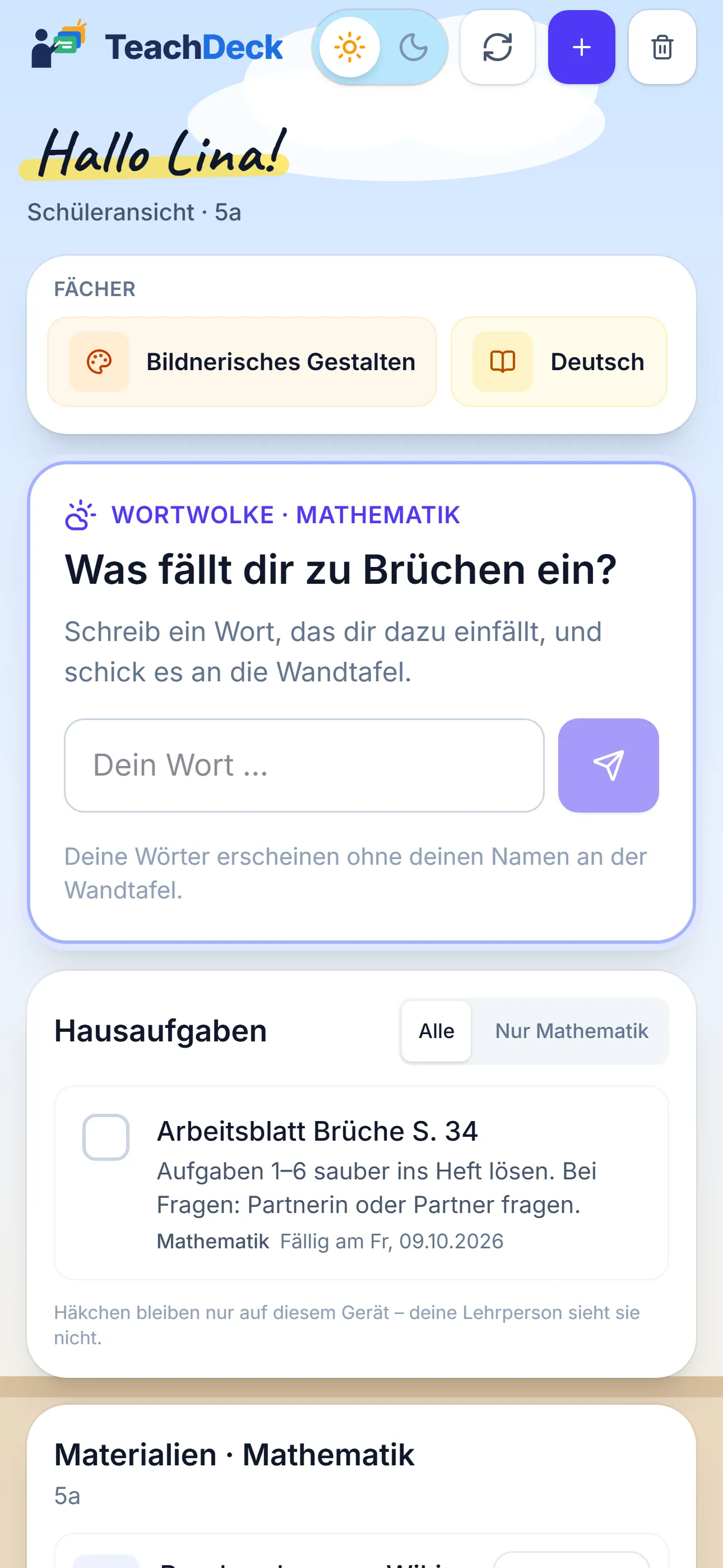 Schüleransicht auf dem Handy: Begrüssung, Wortwolke zum Mitmachen und Hausaufgaben